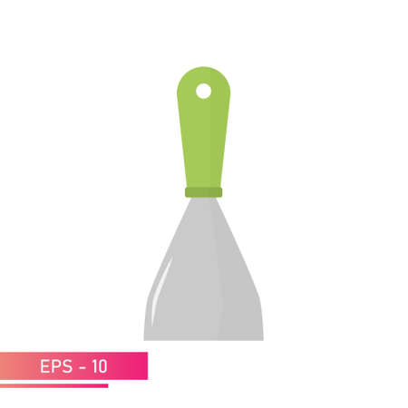 A narrow construction spatula, with a green handle. Realistic design. On a white background. Tools for workers. Flat vector illustration.のイラスト素材
