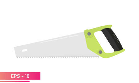 A large, comfortable wood saw with a green handle. Realistic design. On a white background. Carpenter tools. Flat vector illustration.のイラスト素材