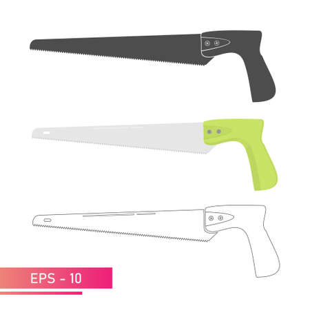 A set, a small handy saw for a carpenter. Linear, solid and realistic design. On a white background. Carpenter tools. Flat vector illustration.のイラスト素材