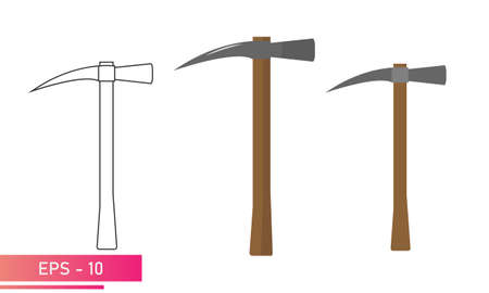 A set of picks for gold diggers with a wooden handle and a hammer on the other side. Realistic and linear design. On a white background. Tools for miners. Flat vector illustration.のイラスト素材