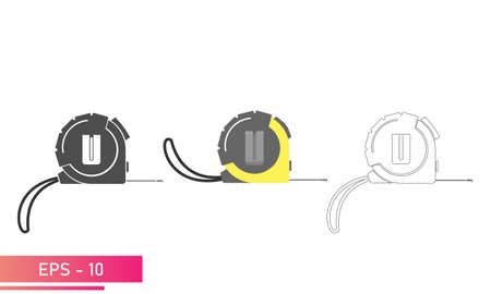 Set, Measuring tape with a flexible strap and a clip on the belt. Linear, solid and realistic design. On a white background. Tools for workers. Flat vector illustration.のイラスト素材