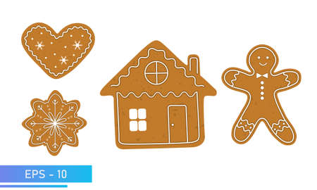 Christmas Cookies, gingerbread set, christmas house, man, snowflake and heart in brown color, Isolated On White Background, Vector Illustration.のイラスト素材