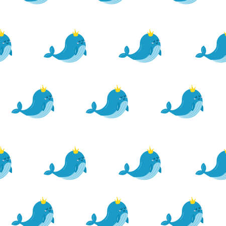 The pattern is a kind blue whale in delicate blue colors. One whale with a golden crown. Proud and sweet. Vector illustration.のイラスト素材
