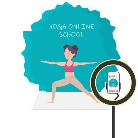 Yoga classes at home online. A cute girl leads a live broadcast of yoga lessons in an online yoga studio school. Yoga training via the Internet. Vector illustration.のイラスト素材