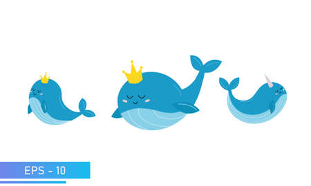 Set of cute blue whale in delicate blue colors and a golden crown on his head or party hat. Proud and sweet. Vector illustration.のイラスト素材
