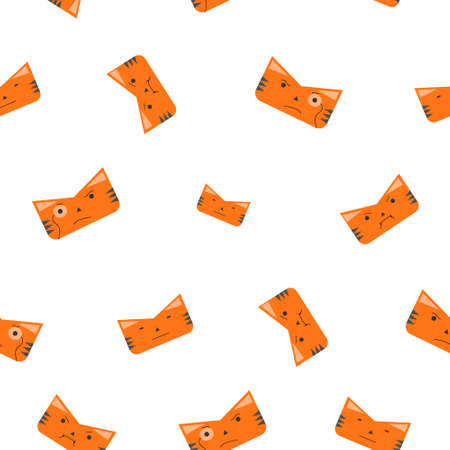 Pattern of Cat or tiger face in orange color with emotions, angry, smart. Symbol of 2022 year. Icon. Isolated on a white background. Flat vector illustration.のイラスト素材