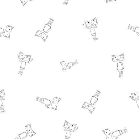 Pattern of Cat or tiger character in black line style with any emotions. Symbol of 2022 year. Icon. Isolated on a white background. Flat vector illustration.のイラスト素材