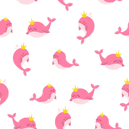 The pattern is a kind pink whale in delicate pink colors. Three different whales, with a golden crown. Proud and sweet. Vector illustration.のイラスト素材