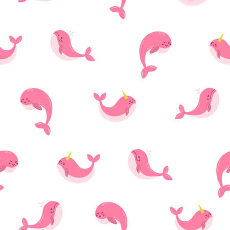 The pattern is a kind pink whale in delicate pink colors. Three different whales. Proud and sweet. Vector illustration.のイラスト素材
