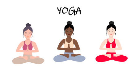 Womens Yoga set. Three girls, European, African and Asian show swastikasana. Yoga training. Vector illustration.のイラスト素材