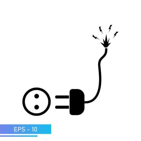 A plug for an outlet and a socket with a damaged sparking wire. Caution high voltage. The illustration is in solid black. Vector illustration.のイラスト素材