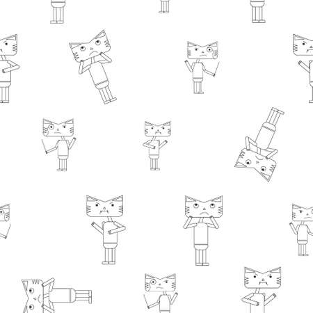 Pattern of Cat or tiger character in black line style with any emotions. Symbol of 2022 year. Icon. Isolated on a white background. Flat vector illustration.のイラスト素材