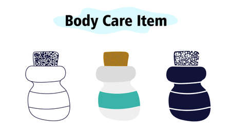 A small glass bottle with a cork made of cork wood. A container for cosmetics. Vector illustration in color, solid and linear design on a white background.のイラスト素材