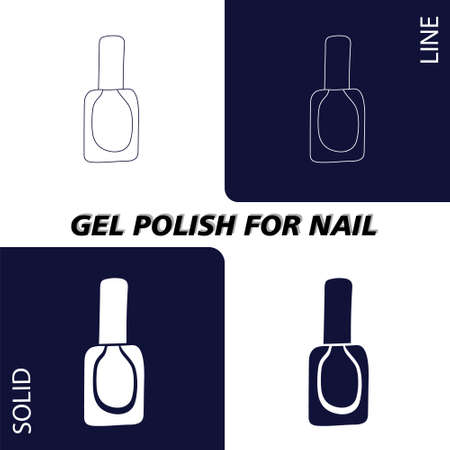 A bottle of nail polish. In lines and solid fill for dark and light backgrounds. Objects and materials for a beauty and fashion salon. Vector illustration.のイラスト素材