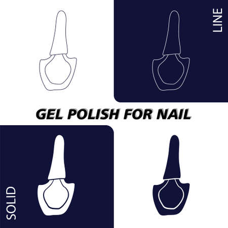 A bottle of nail polish. In lines and solid fill for dark and light backgrounds. Objects and materials for a beauty and fashion salon. Vector illustration.のイラスト素材