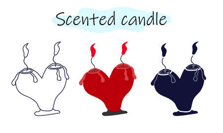 An aromatic candle in the shape of a heart with two fillers and a fire. Vector illustration in color, linear and solid design on a white background.のイラスト素材