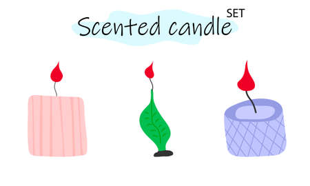 A set of scented candles with a burning fire. Candles for interior, lighting and romantic dates. Aromatherapy. Vector illustration in color design on a white background.のイラスト素材