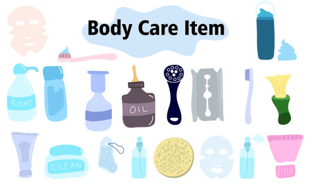 Items and elements for body care. Bathroom supplies, cosmetics, razor, toothpaste, toothbrush. In a color style. Vector illustration.のイラスト素材