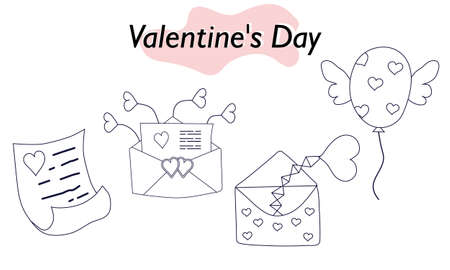 A set of items for Valentines Day. Envelopes, valentines, letters. In linear design. A symbol of love and a Valentines Day holiday. Vector illustrationのイラスト素材