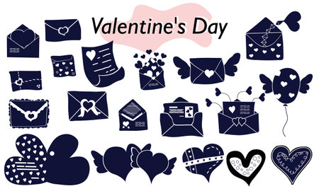 A set of items for Valentines Day. Envelopes, valentines, letters. Icons. In a solid version, in one color. A symbol of love and a Valentines Day holiday. Vector illustration.のイラスト素材