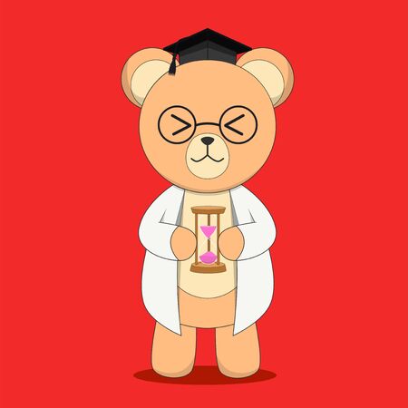Teddy bear character holding a hourglass. Cute Sticker. Doll. Character illustrationのイラスト素材
