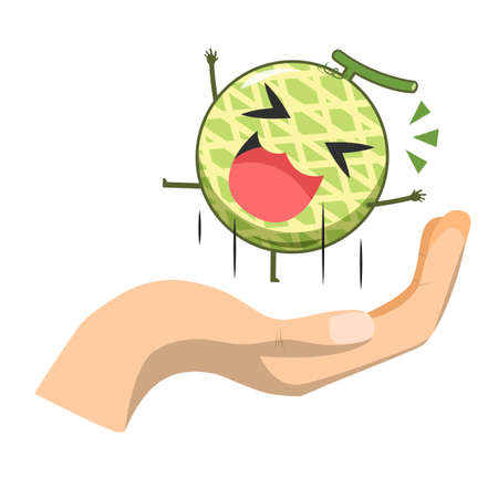 Cute melon character jumps on the hand isolated on white background. Melon character emoticon illustrationのイラスト素材