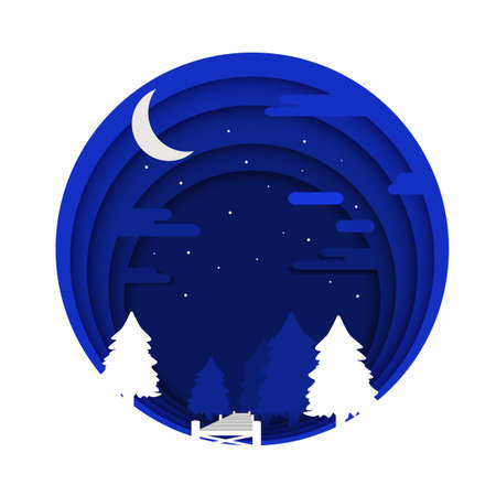 Vector illustration forest isolated in blue circle shape with a small bridgeのイラスト素材