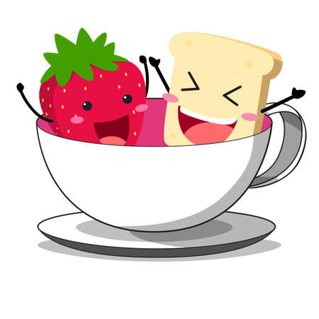 Bread and strawberry playing in a glass of teaのイラスト素材