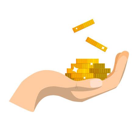 Gold coin in hand. Concept of charity, donate. Stack of coins. Giving or receiving take money. Vector illustration flat designのイラスト素材