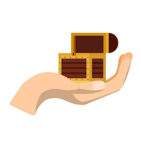 Hands holding a small empty treasure chest. Flat vector illustration isolated on white backgroundのイラスト素材