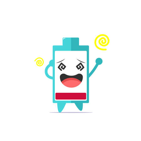 Cute battery life character felling dizzy cause of low energy isolated on white background. Battery...