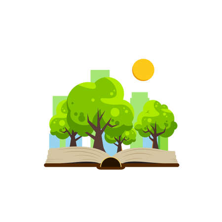 Save trees vector illustration. Vector illustration of book with trees, sun and city behind it. Flat vector illustrationのイラスト素材