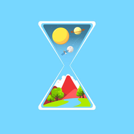Vector illustration of hourglass with outer space and forest inside it isolated on cyan backgroundのイラスト素材