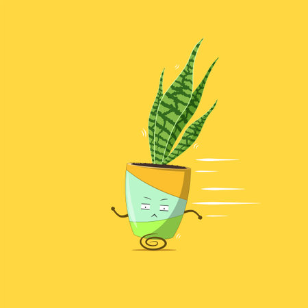 Sansevieria plant character running away isolated on yellow background. Sansevieria plant character emoticon illustrationのイラスト素材