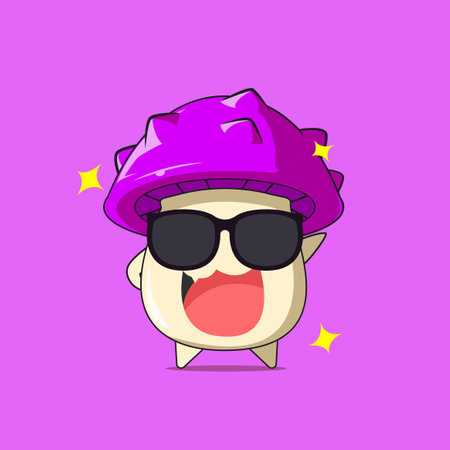 a poison mushroom character wearing black sunglasses isolated on purple background. a poison mushroom character emoticon illustrationのイラスト素材