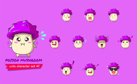 a set of poison mushrooms character #1 isolated on purple background. a poison mushrooms character emoticon illustrationのイラスト素材