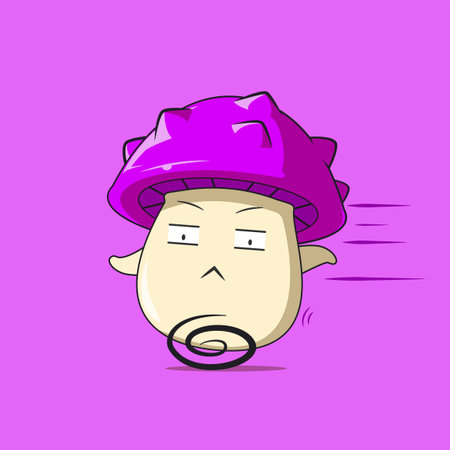 a poison mushroom character running away isolated on purple background. a poison mushroom character emoticon illustrationのイラスト素材