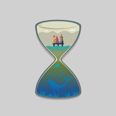 Hourglass illustration with oil factory and dirty ocean inside itのイラスト素材