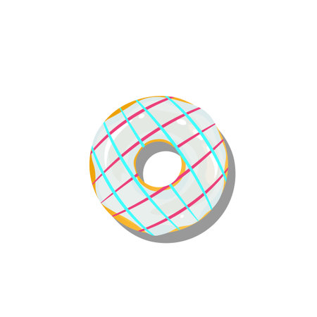 Vanilla glaze doughnuts with pink and purple strip isolated on white background. Top View Doughnuts into glaze for menu design, cafe decoration, delivery box.のイラスト素材