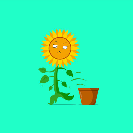 Sunflower character jumping from the pot isolated on a green background.のイラスト素材
