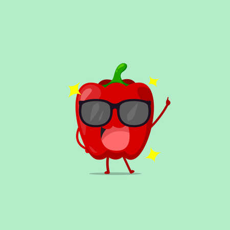 Red paprika character using sunglasses isolated on a green background. Red paprika character emoticon illustrationのイラスト素材