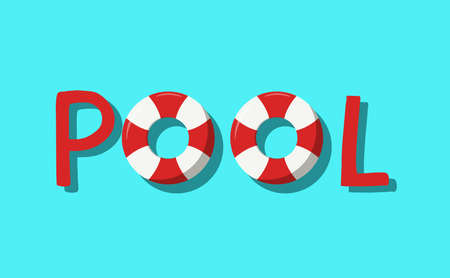 Vector illustration of pool typography with double swimming buoy. Isolated on cyan backgroundのイラスト素材