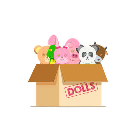 Big pile of animal dolls inside a box. Isolated on a white backgroundのイラスト素材