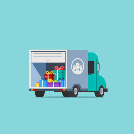 Delivery van with present boxes isolated on cyan backgroundのイラスト素材