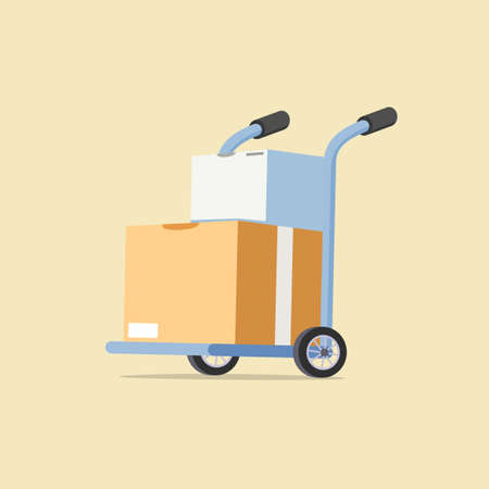 Barrow full of boxes isolated on brown. Metallic wheeled trolley with cardboard box. Delivery service and logisticsのイラスト素材