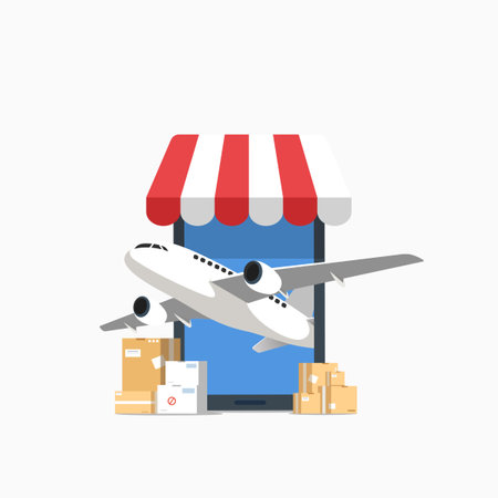 Online Shopping on Mobile Application Vector Concept. with cardboard box, and air plane inside mobile phone. Digital marketing illustrationのイラスト素材