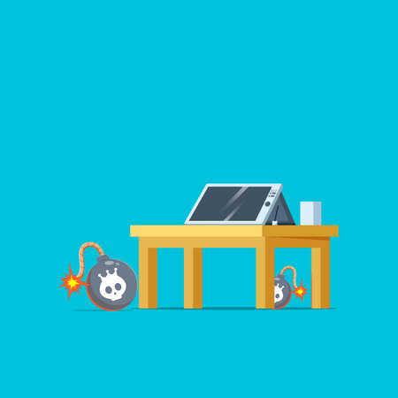 Concept illustration of tired of work with a table, PC, and rounded bombのイラスト素材
