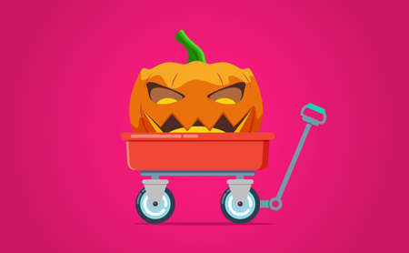 Vector illustration of red wheelbarrow wagon with hand trolley and halloween pumpkin isolated on a red backgroundのイラスト素材