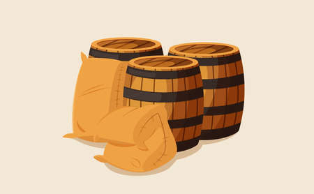 Vector illustration of stacks of wooden barrels with sacks isolated on a light backgroundのイラスト素材