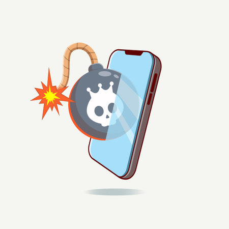 Vector illustration of bomb came out from smartphone. Concept illustration of virus on network. isolated on a white backgroundのイラスト素材